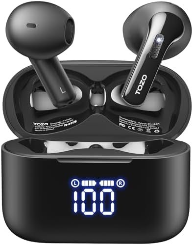 TOZO T21 Wireless Earbuds, 5.3 Bluetooth Headphone, Sem in Ear with Dual Mic Noise Cancelling, IPX8 Waterproof, 44H Playback Stereo Sound with Power Display Wireless Charging Case Black