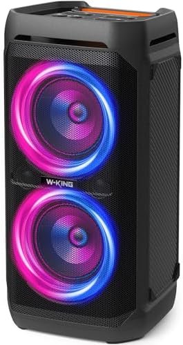 W-KING 220W Peak 100W RMS Bluetooth Speakers V5.3, IPX6 Waterproof Portable Party Loud Wireless Speaker Deep Bass/110dB Huge Sound/DSP, Karaoke Outdoor Boombox Lights/Mic & Guitar Port/Echo/USB/EQ