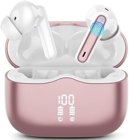 Wireless Earbud, Bluetooth 5.3 Headphones Deep Bass with 4 HD Mics, Wireless Headphones in Ear 40H Playtime, Bluetooth Earphones with Light Weight, IP7 Waterproof Ear Buds for Android IOS, Rosegold