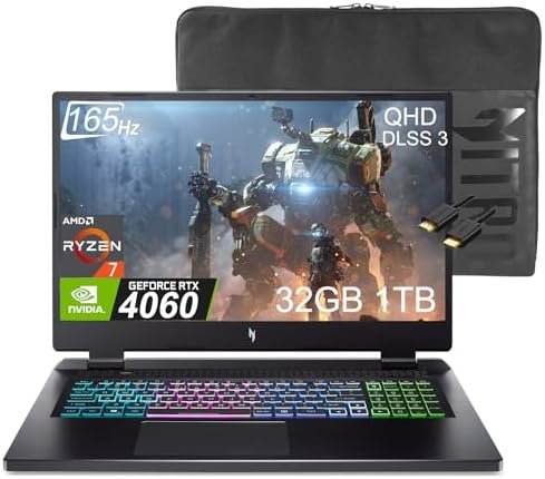 acer Nitro 17 (2024) Gaming Laptop (17.3″ QHD 165Hz, AMD Ryzen 7 7840HS, 32GB DDR5 RAM, 1TB SSD, GeForce RTX 4060 8GB, 8-Core (Beat i7-12700H)) 4-Zone RGB, Wi-Fi 6E, IST Cable, Win 11 Home, Black