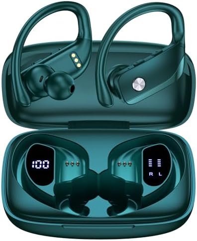 bmanl Wireless Earbuds Bluetooth Headphones 48hrs Play Back Sport Earphones with LED Display Over-Ear Buds with Earhooks Built-in Mic Headset for Workout Green