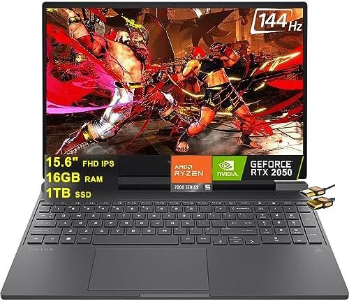HP Victus 15 Gaming Laptop 15.6″ FHD IPS 144Hz AMD Hexa-Core Ryzen 5 7535HS Processor (Beats i7-11800H) 16GB RAM 1TB SSD GeForce RTX 2050 4GB Graphic Backlit USB-C B&O Win11 Black + HDMI Cable