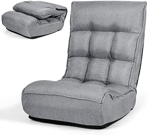 COSTWAY Folding Floor Lounge Chair, Floor Gaming Chair with 5-Position Adjustable Head & 4-Position Adjustable Backrest, Indoor Lazy Sofa Recliner for Bedroom, Living Room (Grey)