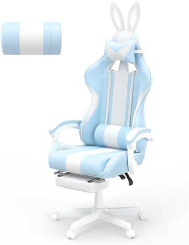 Ferghana Kawaii Light Blue Gaming Chair with Bunny Ears, Ergonomic Cute Gamer Chair with Footrest and Massage, Racing Reclining Leather Computer Game Chair for Girls Adults Teens Kids