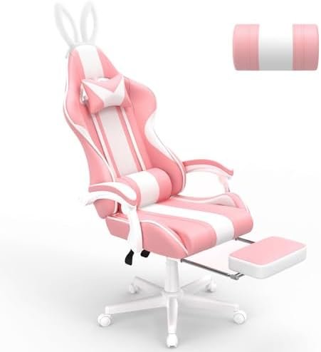 Ferghana Kawaii Pink Gaming Chair with Bunny Ears, Ergonomic Cute Gamer Chair with Footrest and Massage, Racing Reclining Home Computer Game Chair for Girls Adults Teens Kids