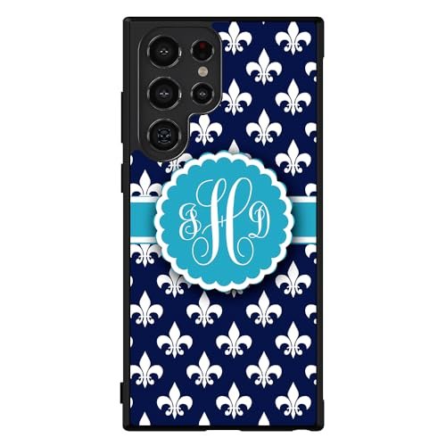 French Fleur De Lis Blue Personalized Black Rubber Phone Case Compatible With Samsung Galaxy S24 S24+ S24 Ultra S23 FE S23+ Ultra S22 S22+ S21 S21FE S21+ S20FE Note 20 S10