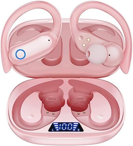 GNMN Bluetooth Headphones Wireless Earbuds 80hrs Playback IPX7 Waterproof Ear Buds Over-Ear Stereo Bass Earphones with Earhooks Microphone LED Battery Display for Sports/Workout/Gym/Running Pale Pink