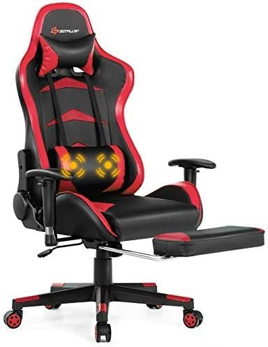 Goplus Massage Gaming Chair, Reclining Backrest, Handrails and Seat Height Adjustment Racing Computer Office Chair, High Back Ergonomic PU Leather Swivel PC Game Chair with Footrest (Red)