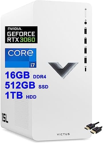 HP Victus 15L Gaming Desktop Computer | 12-Core i7-12700 Processor | 16GB DDR4 512GB SSD + 1TB HDD | Nvidia Geforce RTX 3060 12GB GDDR6 Graphic | USB-C DiplayPort Win11 + HDMI Cable, White