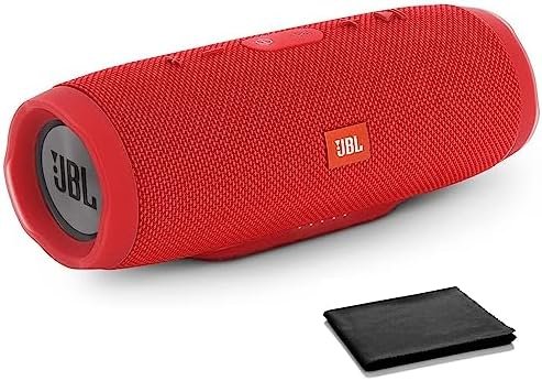 JBL Charge 3 Waterproof Portable Bluetooth Speaker, Includes Microfiber Cleaning Cloth – Red