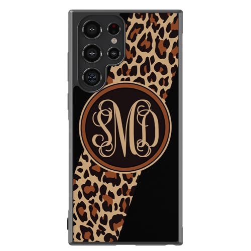 Leopard Animal Skin Script Monogram Black Rubber Phone Case Compatible With Samsung Galaxy S24 S24+ S24 Ultra S23 FE S23+ Ultra S22 S22+ S21 S21FE S21+ S20FE Note 20 S10