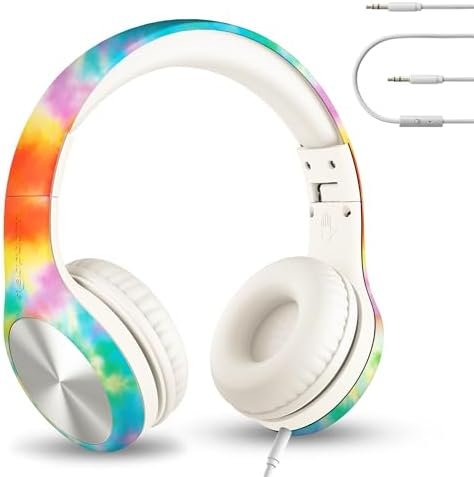 LilGadgets Connect+ Pro Kids Headphones with Mic and Cord, SharePort Technology, Over-Ear Foldable Headset, Volume Limit 93db, Wired Inline 3.5mm Jack for School- Tie Dye Rainbow