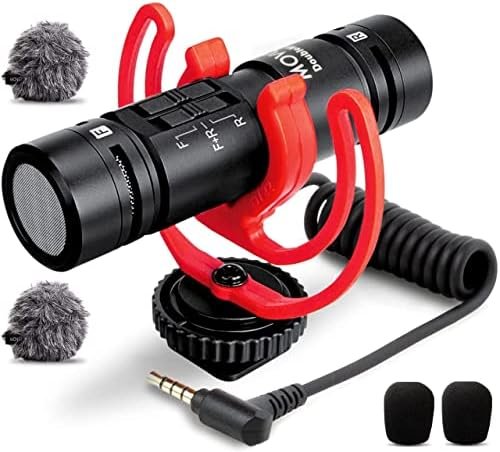 Movo DoubleMic V2 Two-Sided Shotgun Mic for Camera Vlogging - Dual Capsule External Microphone for iPhone, Android, Smartphones and DSLR Camcorders - Improved Wind Protection - Latest Version