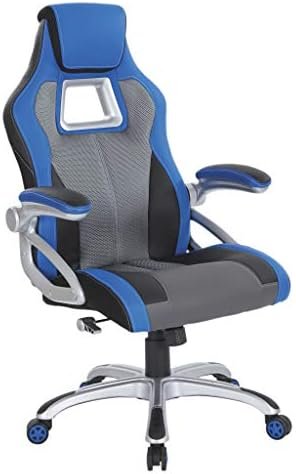 OSP Home Furnishings Race Car Adjustable Gaming Chair, Charcoal Grey Bonded Leather with Blue Accents