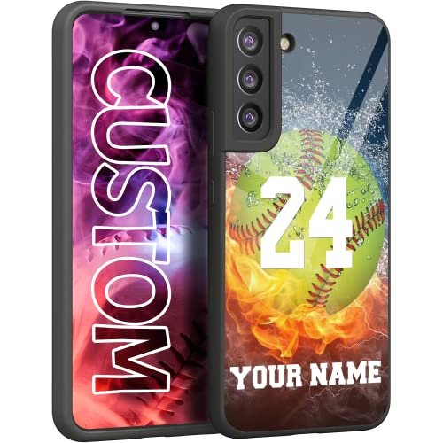 Personalized Name Number Custom Baseball Softball Water Fire Phone case Samsung S23 S22 S21 S20 ULTRA/ S21 FE/S20 FE/S10 PLUS/S9 PLUS/S8 PLUS/S7 EDGE