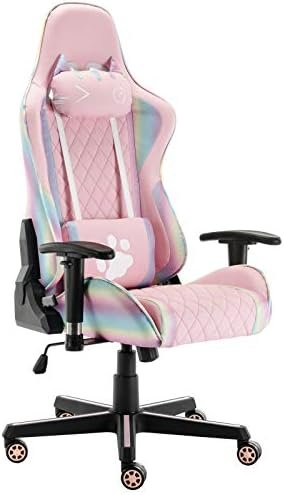 Pink Gaming Chair, Ergonomic Video Game Chair, Cute Kitty Cat Character Reclining Computer Gamer Chair for Adults Teens Kids, Black Frames