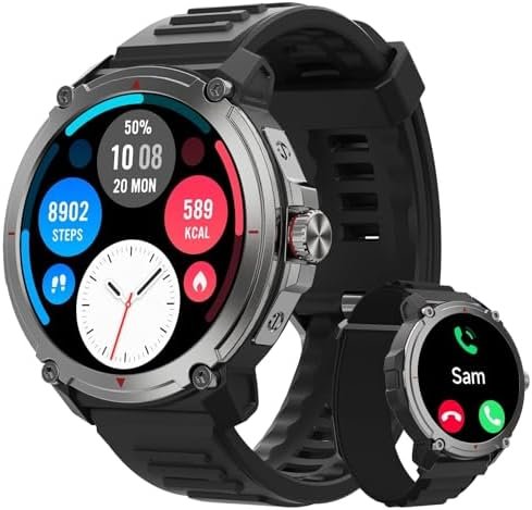 Smart Watch for Men Military Style, Alexa Built-in, Long Battery Life, Heart Rate Fitness Tracker, Answer/Make Calls, 100 Sports/Sleep Tracker/20M Waterproof, Compatible Android iOS, Black