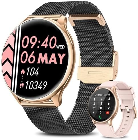 Smart Watches for Women (Answer/Make Calls), 1.32” Fitness Tracker Watch with Heart Rate/Blood Pressure/SpO2/Sleep Monitor, IP68 Waterproof Smart Watch for Android Phones and iPhone – Rose Gold Black