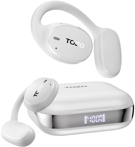 TOZO OpenEgo True Wireless Open Ear Headphone,5.3 Bluetooth Sport Earbuds with Earhooks for Long Time Playback with Digital Display, Dual Mic Clear Call Sweat-Proof for Running Workout White