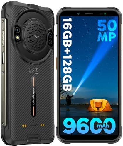 Ulefone Power Armor 16S Rugged Phone, 9600mAh Battery, 122dB Loudest Speaker, 16GB+128GB 50MP Rear Camera Rugged Smartphone, 5.93" Android 13, Built-in Glare Flashlight, NFC Dual SIM 4G Phone-Black