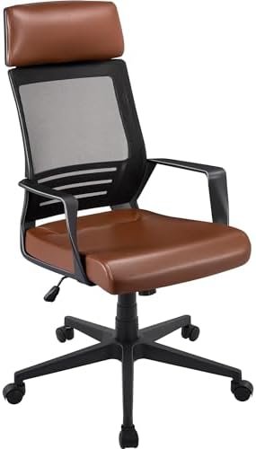 Yaheetech Ergonomic Mesh Back Leather Seat Gaming Chair w/Lumbar Support, Adjustable Swivel Video Chair Suit for E-Sports Brown